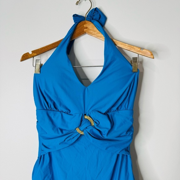 NEW Spanx Halter One Piece Bayside Blue Gold Ring Twist Front Swimsuit Size XL - Picture 2 of 11